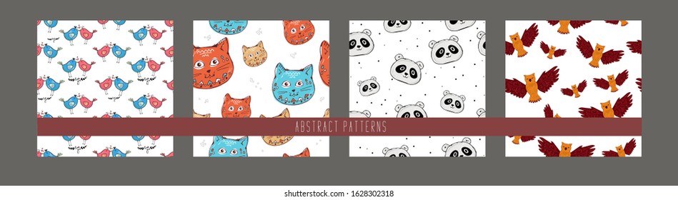 Seamless pattern kids with animals, cover design, background. set with panda, birds, cats, owl, vector. for valentine day, fabric design, textile print, wrapping paper