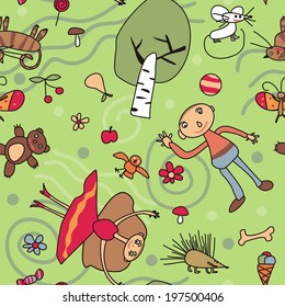 Seamless pattern: kids, animals, toys and other objects