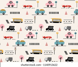 Seamless pattern kids background with cars. Hand drawn cute cartoon cars, road sign,zebra crossing vector illustration. Perfect for kids fabric,textile,nursery wallpaper