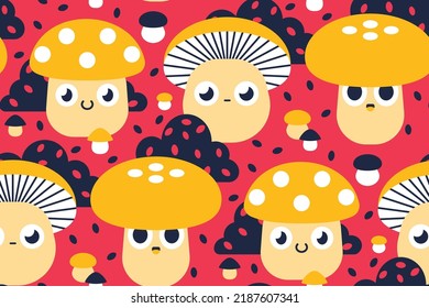 Seamless pattern, kids background with cute cartoon mushrooms. Pretty surface design with fly agaric, small mushrooms, bushes on pink. Vector illustration.
