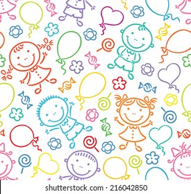 Seamless pattern with kids, balloons, sweets and flowers