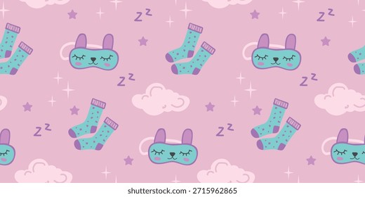 Ilustración de la rutina del sueño de los niños con la máscara linda del sueño, los calcetines y el patrón de la noche tranquila