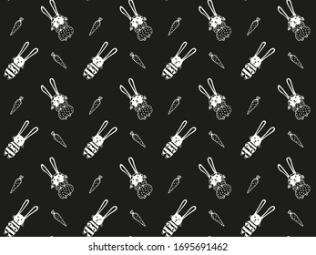 Seamless pattern of kids boys and girls rabbits in striped overalls and dresses with polka dots and carrots. Scandinavian style. White outlines on a black background. Cute trendy unisex design. Vector