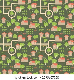 Patrón sin foco para los niños. Caricatura y casas. Tela infantil, textiles, ropa de cama. Mapa del vector