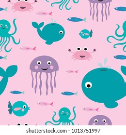 Seamless pattern for kids with cartoon undersea world. Vector Illustration