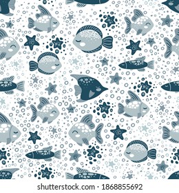 Seamless pattern for kids with cartoon undersea world. Vector  seamless pattern with cute undersea. Creative childish background. for kids apparel, fabric, textile, nursery decoration, wrapping paper