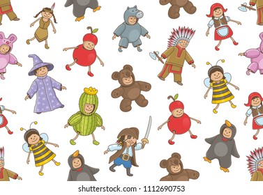 Seamless pattern with kids in Christmas costumes, outline style. isolated on white background