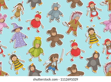 Seamless pattern with kids in Christmas costumes, outline style. isolated on blue background