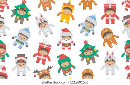 Seamless pattern with kids in Christmas costumes, flat style. isolated on white background