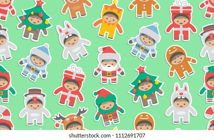 Seamless pattern with kids in Christmas costumes, flat style. isolated on green background
