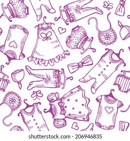 Seamless pattern of kids clothes sketches. Vector ink hand drawn background