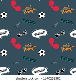Seamless pattern for kids clothes with sunglasses, ball, funy titles, slingshot and mouse silhouette. Vector illustration. 