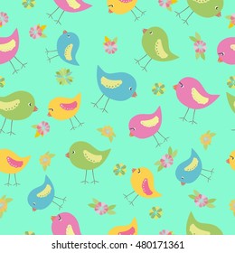 Seamless pattern for kids with colorful cute birds. Cute Birds  pattern for baby. Vector Birds  Backgrounds for children, scrap booking, wrapping, baby fabric, print, design.