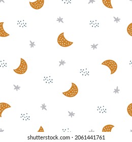 Seamless pattern for kids crescent moon and stars Hand drawn star background in cartoon style for print, wallpaper, decoration, fabric, textile, vector illustration.