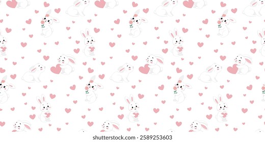 Seamless pattern for kids with cute bunnies and hearts. Romantic design for cards, textiles, clothes, posters. Vector illustration