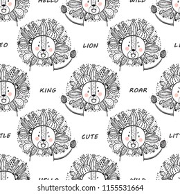 Seamless pattern for kids with Cute Floral Lion. Hand drawn doodle Lion Head with Cactus Flower Mane Summer background. Cartoon Animal vector illustration. Wallpaper for Children