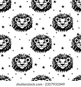 Seamless pattern for kids with Cute Lion. Hand drawn doodle Lion Head with stars background. Cartoon Animal vector illustration. Wallpaper for Children