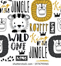 Seamless pattern for kids with Cute Lions. Hand drawn doodle Lion Head background. Cartoon Animal vector illustration.