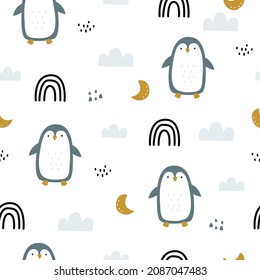 Patrón sin foco para los niños lindos de fondo pingüino con nubes y arcoiris. Diseños utilizados para imprimir, envolver papel, ropa de bebé, ilustración vectorial textil