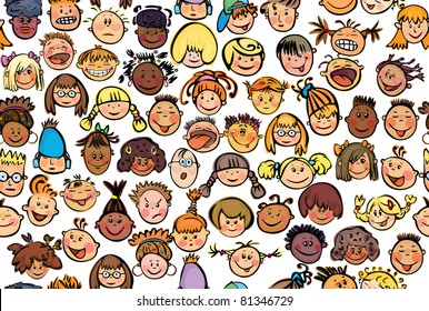 Seamless pattern of kids, different races.