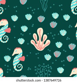 Seamless pattern for kids displaying cartoon undersea world with starfish, seaweed, corals, seashell.