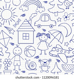 seamless pattern with kids drawings in blue color -  vector illustration, eps