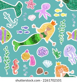 Seamless pattern. Kids drawings. Mermaids with fish, seahorse and jellyfish on a blue background.