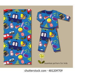 Seamless pattern for kids and example of its use for pajamas.