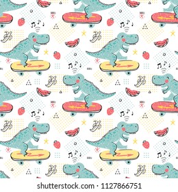 Seamless pattern for kids fashion with Cute Dinosaur. Hand drawn doodle Dinosaur Skater. Cartoon Animal Vector Background