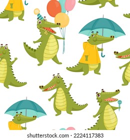 Seamless pattern for kids. Funny crocodile in cap holds balloons and laughs. Vector animal character on white background