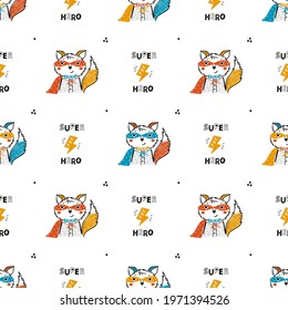 Seamless Pattern for Kids with Funny Cute Fox in Mask and Superhero Cape. Cartoon Doodle Animal. Colorful Background for Children Vector Illustration. Print for Birthday, Nursery Wallpaper