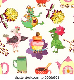 Seamless pattern for kids with funny hen, dino and crocodile gathered at a tea party. Print for fabric, wallpaper.
