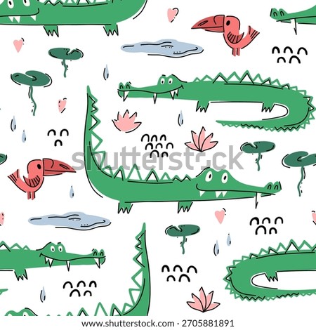 Seamless pattern for kids with funny kind bright green crocodiles, water lilies and red toucans, vector illustration.