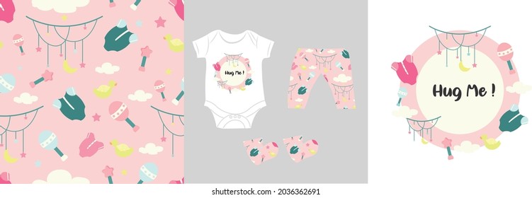 Seamless pattern for kids with graphics for kids and baby t- Shirt. pink seamless pattern with baby onesies and stars. Hug me graphics for merch and t-shirt print.  