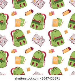 Padrão perfeito com crianças mochila verde, livros didáticos, estojo de lápis. Design de material escolar para têxteis infantis, materiais educacionais, decoração de sala de aula. Ideal para marcas escolares e de volta à escola