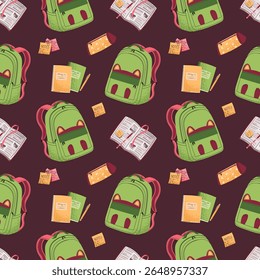 Padrão perfeito com crianças mochila verde, livros didáticos, estojo de lápis. Design de material escolar para têxteis infantis, materiais educacionais, decoração de sala de aula. Ideal para marcas escolares e de volta à escola