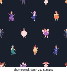 Seamless pattern with kids in Halloween party, carnival costumes. Happy cute disguised children for October holiday. Repeating print on endless background. Colored flat graphic vector illustration