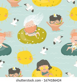 Seamless pattern of kids having fun and swimming in the sea