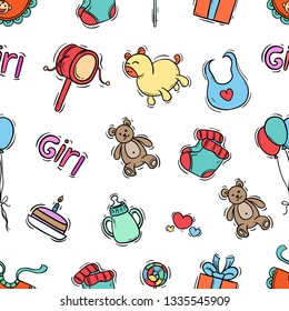 seamless pattern of kids icons with colored hand drawn style