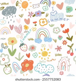 Seamless pattern with kids illustration , cartoom nature, doodle. Rainbow, cloud, flower, fruits, dots and spots words summer, I love summer. Vector illustration.