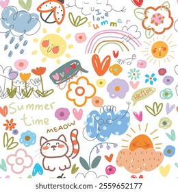 Seamless pattern with kids illustration , cartoon nature, doodle. Rainbow, cloud, flower, fruits, dots and spots words summer, I love summer. Vector illustration.