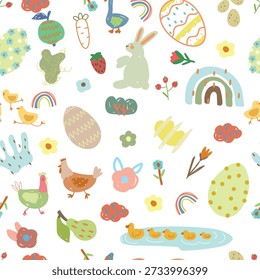 Seamless pattern with kids illustration , cartoon nature, doodle. Rainbow, cloud, flower, fruits, animals , easter eggs. Vector illustration.