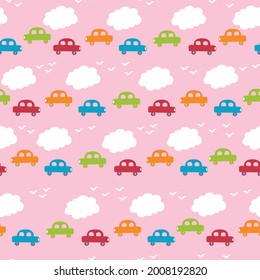 Patrón sin foco para los niños objeto, paisaje de carretera para los niños interior, fondo rosa, coches naranja azul verde, nubes blancas y silueta de pájaros voladores realmente buena impresión de superficie para los niños producto.