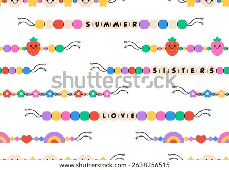 Seamless pattern with Kids jewelry. Plastic beads decorating handmade fashioned elements 90s style jewelry. friendship bracelets and letter beads