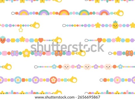 Seamless pattern with Kids jewelry. Plastic beads decorating handmade fashioned elements 90s style jewelry. friendship bracelets and letter beads