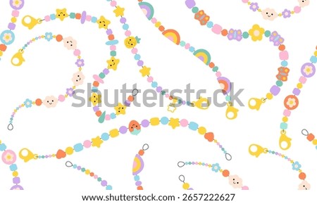 Seamless pattern with Kids jewelry. Plastic beads decorating handmade fashioned elements 90s style jewelry. friendship bracelets and letter beads