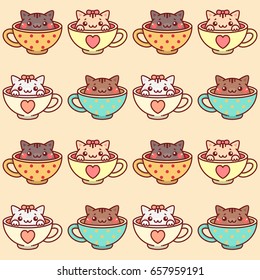 Seamless Pattern for Kids with kittens in cups