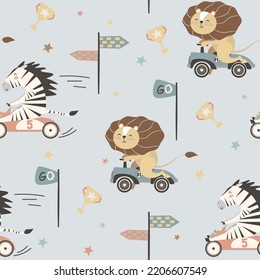 Seamless pattern for kids, lion and zebra ride on cars, competition, champion cup, speed