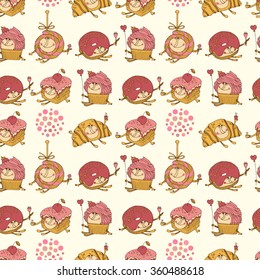 Seamless pattern for kids menu, bakery packaging or other design. Cupcake, croissant, candy, donut, cake character.