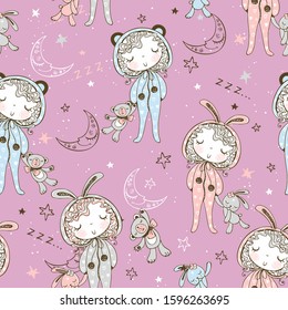 Seamless pattern with kids in pajamas with Bunny toys and Teddy bear. It's time to sleep. Vector.